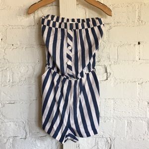 Blue & White Striped Strapless Linen Romper